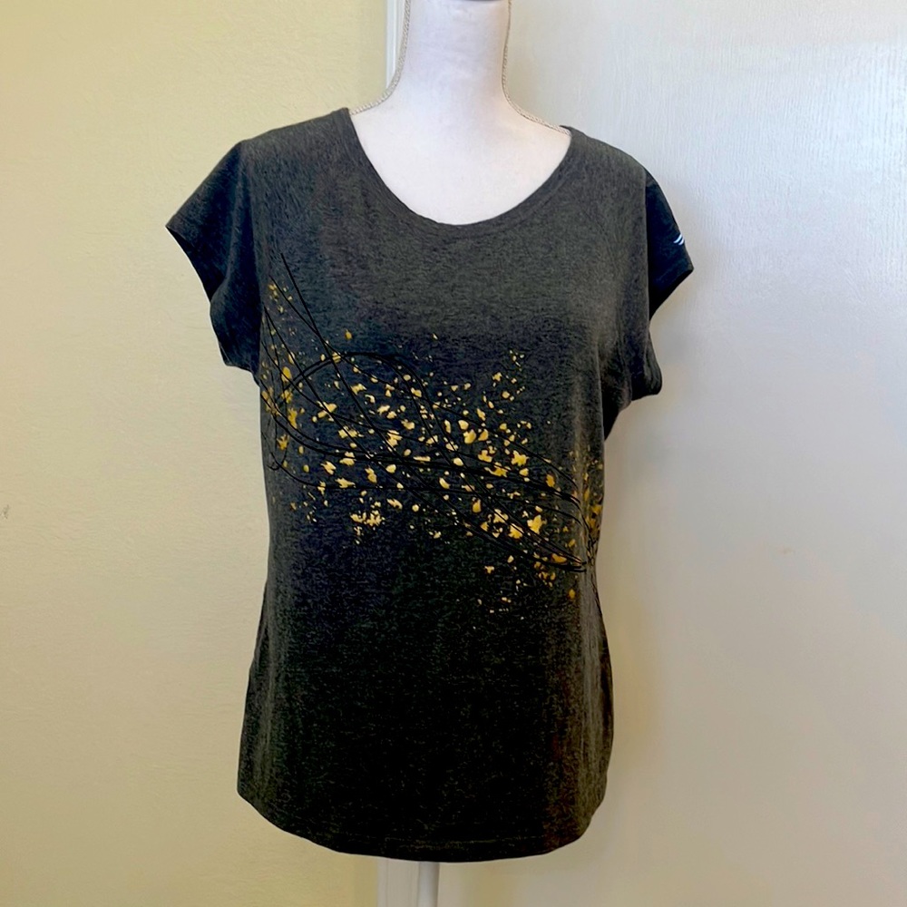 🖤👚Idealology Dark Gray, Black,Gold Foil Splash Front Tee Shirt Cap Sleeves XL